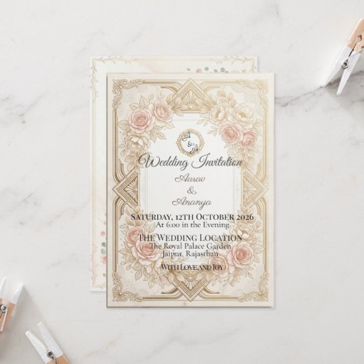 Elegant Floral Gold Wedding Invitation | Editable 招待状 (正面/裏面インサイチュ)