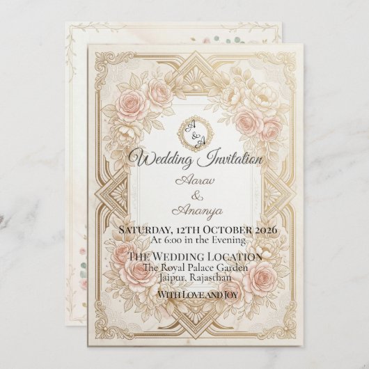 Elegant Floral Gold Wedding Invitation | Editable 招待状 (正面/裏面)