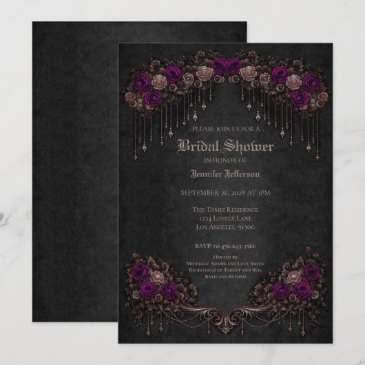 Elegant floral Gothic Bridal Shower 案内状 (正面/裏面)