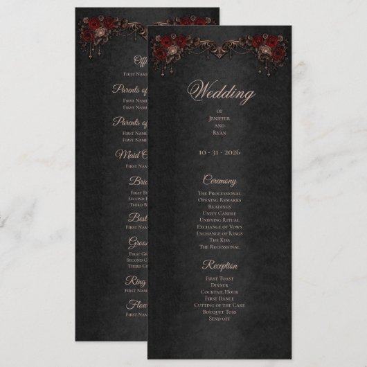 Elegant floral Gothic Halloween Wedding Program メニュー (正面/裏面)