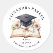 Elegant Floral Graduation Cap Open Book Diploma ラウンドシール (正面)