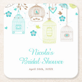 Elegant Floral Green and Blue Bridal Shower スクエアペーパーコースター