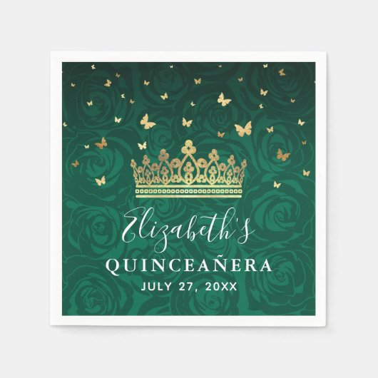 Elegant Floral Green Gold Crown Birthday Template スタンダードカクテルナプキン (正面)