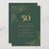 Elegant Floral Green Gold Floral 50th Birthday 招待状 (正面/裏面)