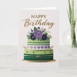 Elegant Floral Green Purple Gold Birthday Cake カード