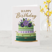 Elegant Floral Green Purple Gold Birthday Cake カード (黄色い花)