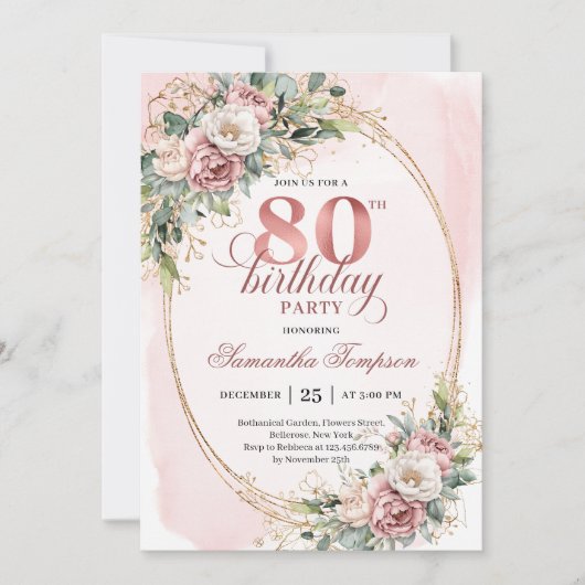 Elegant Floral Greenery Rose Gold 80th Invitation 招待状 (正面)
