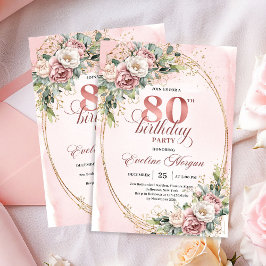Elegant Floral Greenery Rose Gold 80th Invitation 招待状