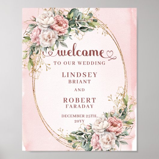 Elegant Floral Greenery Rose Gold Wedding Welcome ポスター (正面)
