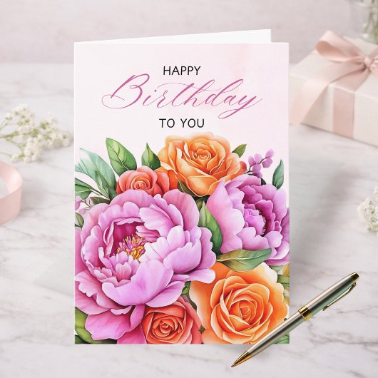 Elegant Floral Happy Birthday Card | Pink Peonies カード