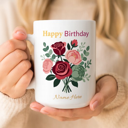 Elegant Floral Happy Birthday Personalized Name コーヒーマグカップ