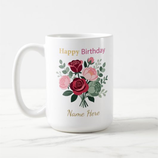 Elegant Floral Happy Birthday Personalized Name コーヒーマグカップ (左)