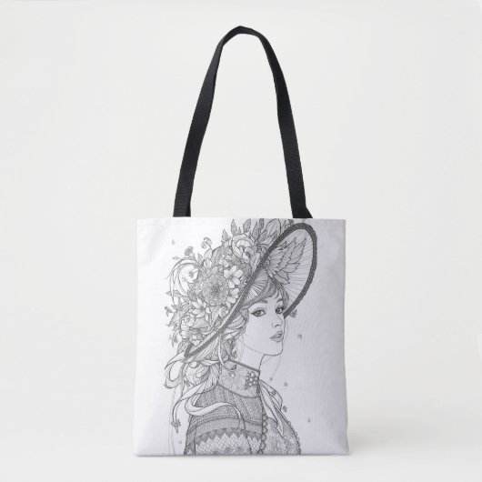 Elegant Floral Hat Lady Ink Sketch Tote Bag トートバッグ (正面)