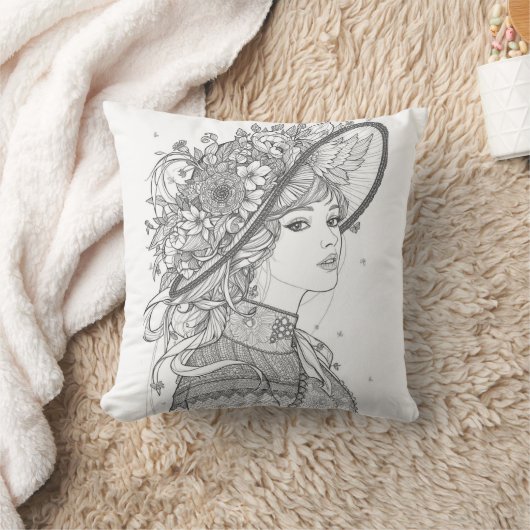 Elegant Floral Hat Lady Portrait Throw Pillow クッション (ブランケット)