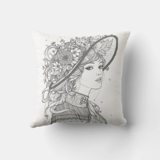 Elegant Floral Hat Lady Portrait Throw Pillow クッション (裏面)