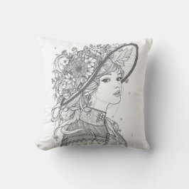 Elegant Floral Hat Lady Portrait Throw Pillow クッション