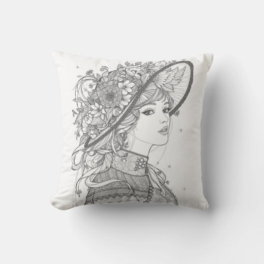 Elegant Floral Hat Lady Portrait Throw Pillow クッション (正面)