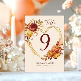 Elegant Floral Heart Boho Fall in Love Wedding テーブルナンバー