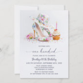 Elegant Floral High Heel Shoes 100th Birthday 招待状 (正面)