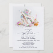 Elegant Floral High Heel Shoes 16th Birthday Party 招待状 (正面)