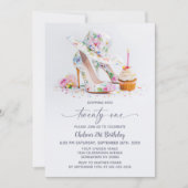 Elegant Floral High Heel Shoes 21st Birthday Party 招待状 (正面)