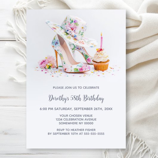 Elegant Floral High Heel Shoes Birthday Party 招待状