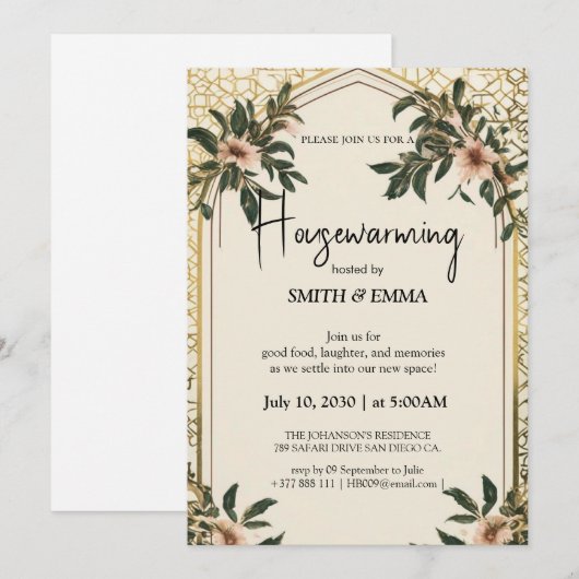 Elegant Floral Housewarming Invitation New Home 招待状 (正面/裏面)