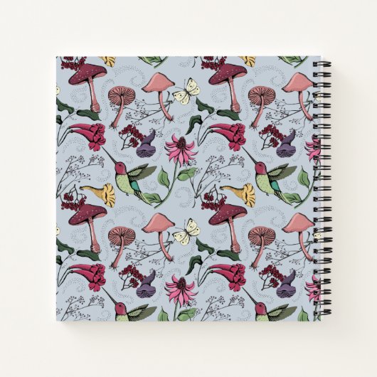 Elegant Floral Hummingbird Pattern Blue ノートブック (裏面)