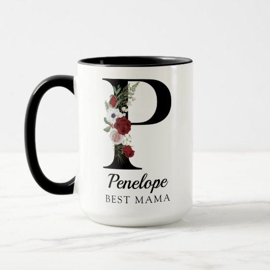 Elegant Floral Initial Custom Mug Gift for New Mom マグカップ (左)