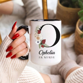 Elegant Floral Initial Custom Mug Gift for Nurses マグカップ