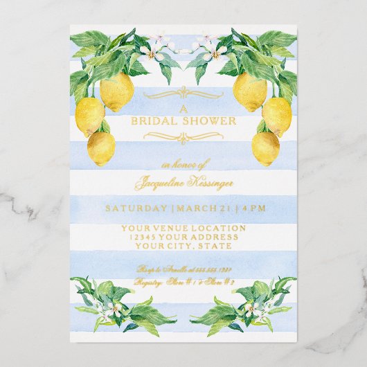 Elegant Floral Lemon Blue Gold Foil Bridal Shower 箔招待状 (正面)