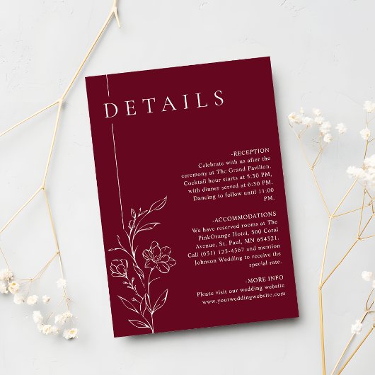 Elegant Floral Line Art Burgundy Wedding Details エンクロージャーカード