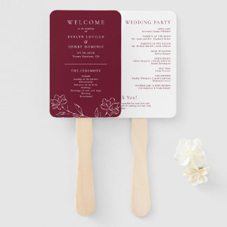 Elegant Floral Line Art Burgundy Wedding Program ハンドファン