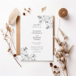 Elegant Floral Line Art Wedding Invitation 招待状
