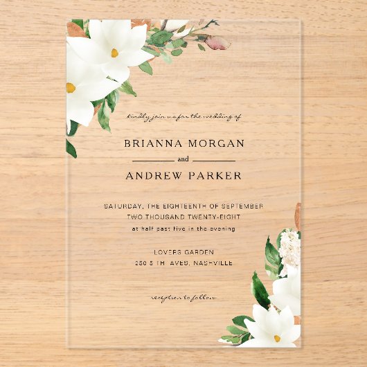 Elegant  Floral Magnolia アクリル招待状 (正面)