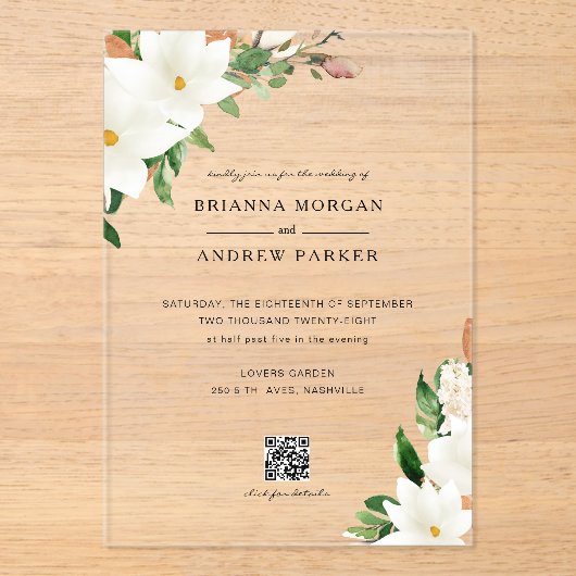 Elegant  Floral Magnolia QR Code Wedding アクリル招待状 (正面)