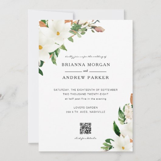 Elegant Floral Magnolia QR Code Wedding 招待状 (正面)