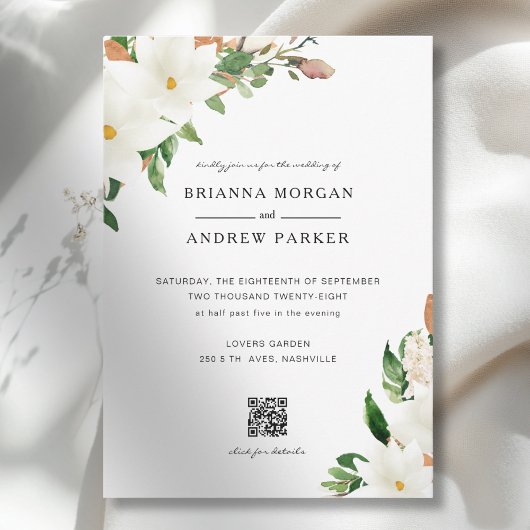 Elegant Floral Magnolia QR Code Wedding 招待状