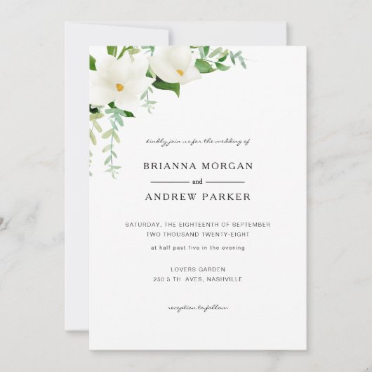 Elegant  Floral Magnolia Wedding QR Code 招待状 (正面)