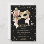 Elegant Floral Masque Stars Black Gold Quinceañera 招待状 (正面)