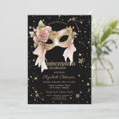 Elegant Floral Masque Stars Black Gold Quinceañera 招待状 (スタンド正面)