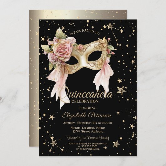 Elegant Floral Masque Stars Black Gold Quinceañera 招待状 (正面/裏面)
