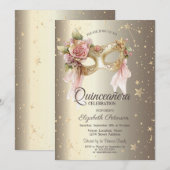 Elegant Floral Masque Stars Gold Quinceañera 招待状 (正面/裏面)