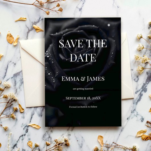 Elegant Floral Midnight Rose Black & White Wedding セーブザデート