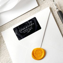 Elegant Floral Midnight Rose Black & White Wedding ラベル