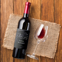 Elegant Floral Midnight Rose Black & White Wedding ワインラベル