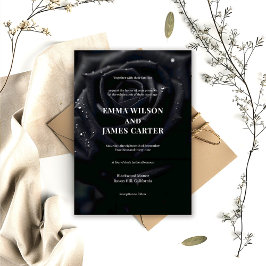 Elegant Floral Midnight Rose Black & White Wedding 招待状