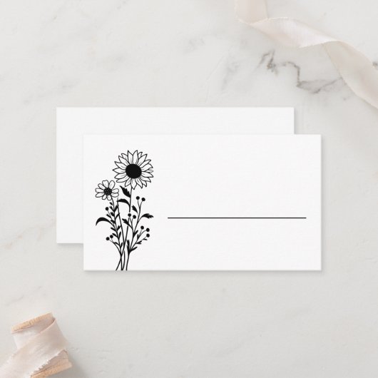 Elegant Floral Minimalist Black White Wedding プレイスカード (正面/裏面インサイチュ)