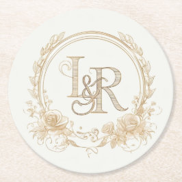 Elegant Floral Monogram “L & R” Paper Coasters  ラウンドペーパーコースター