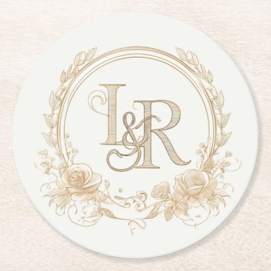 Elegant Floral Monogram “L & R” Paper Coasters  ラウンドペーパーコースター (正面)